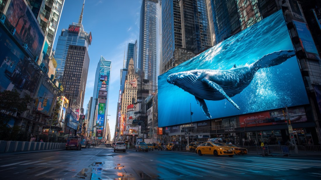 A whale on a screen over Times Square