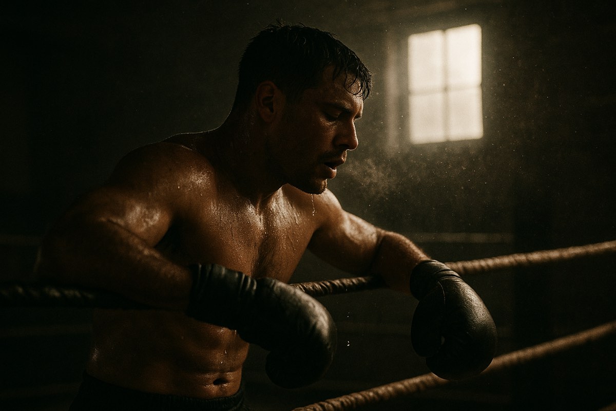 A boxer between rounds, backlit
