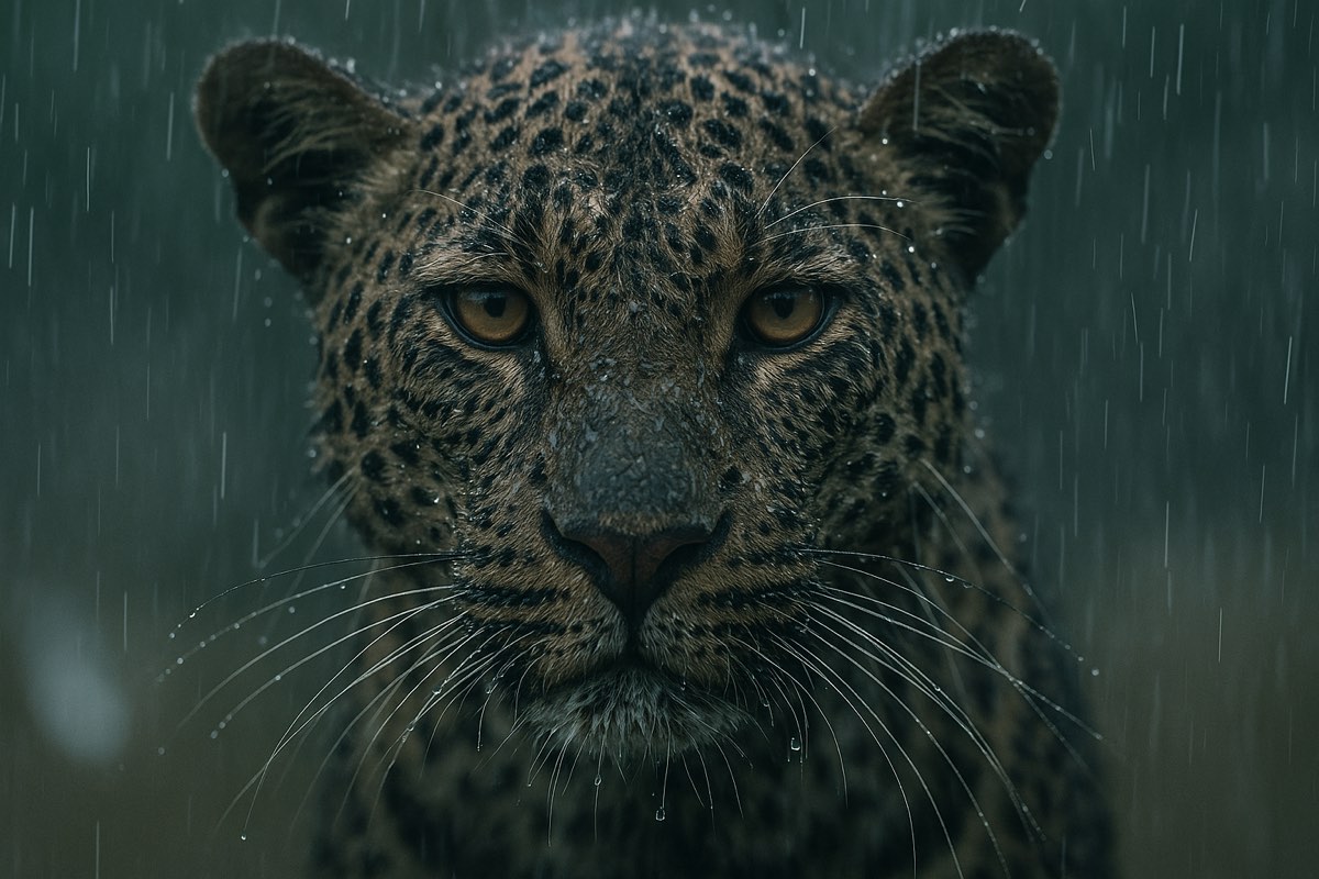 A leopard in heavy rain, straight down the lens
