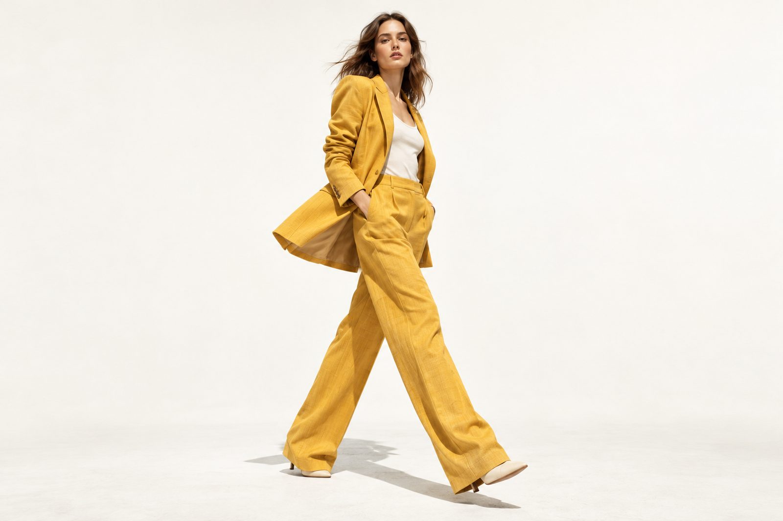 A model in a marigold suit walking across a cream studio