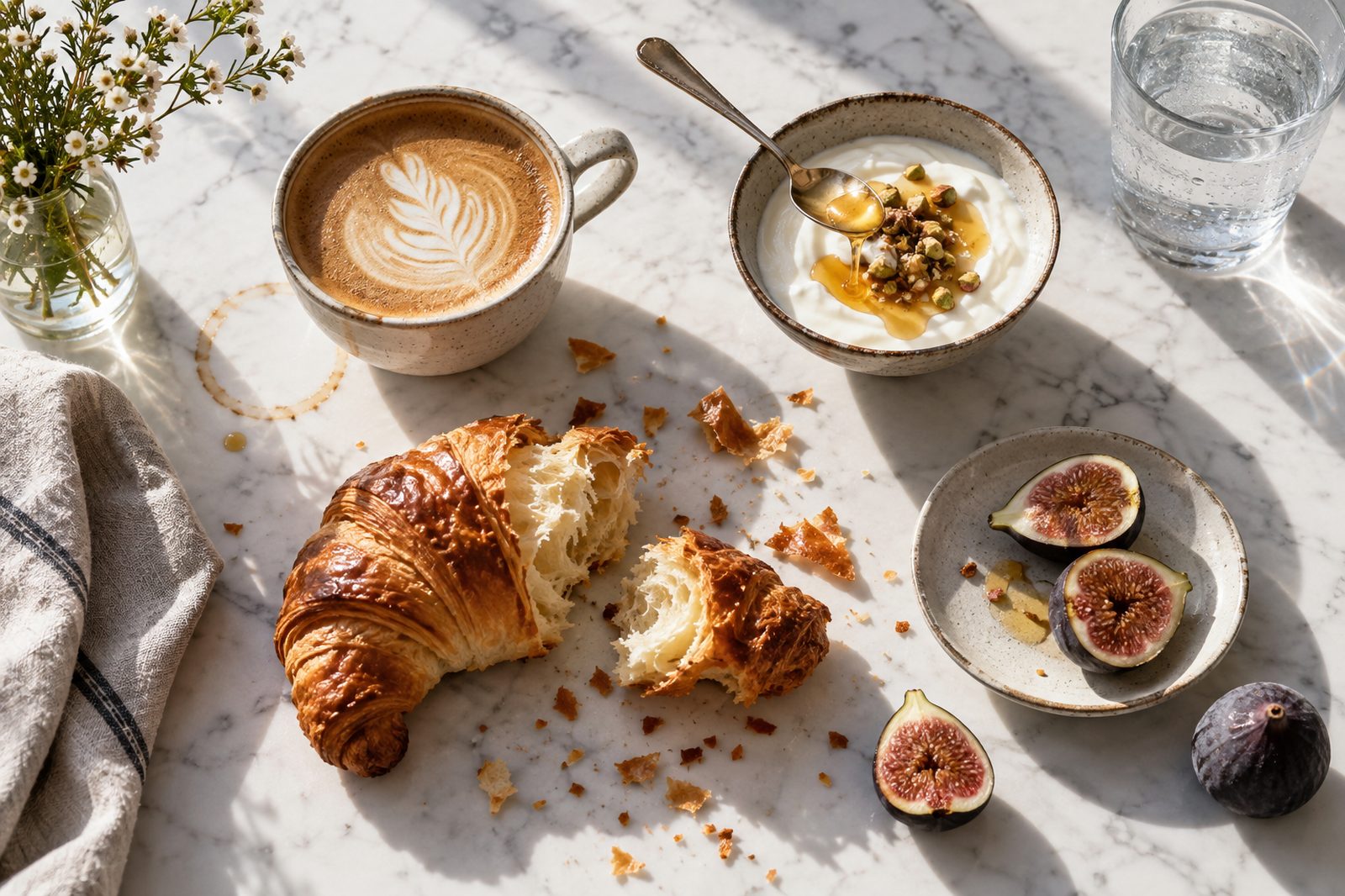 A breakfast flatlay on white marble in morning light