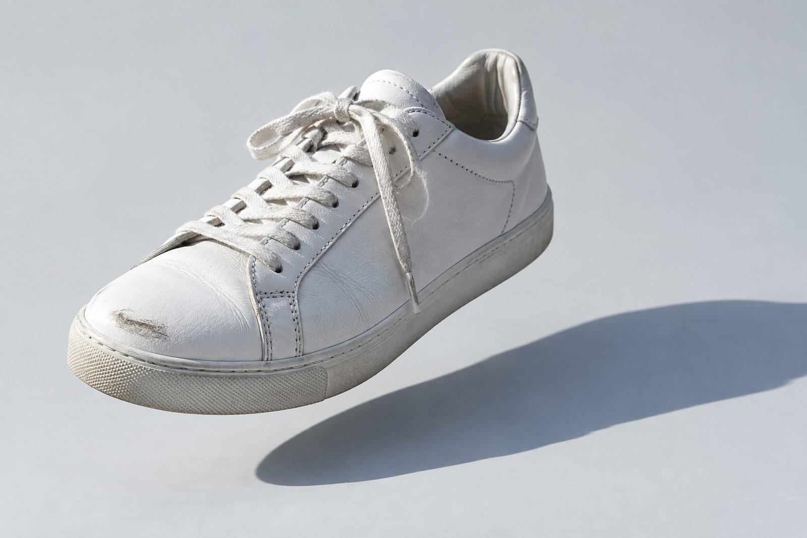 A white leather sneaker in hard sun with a long shadow