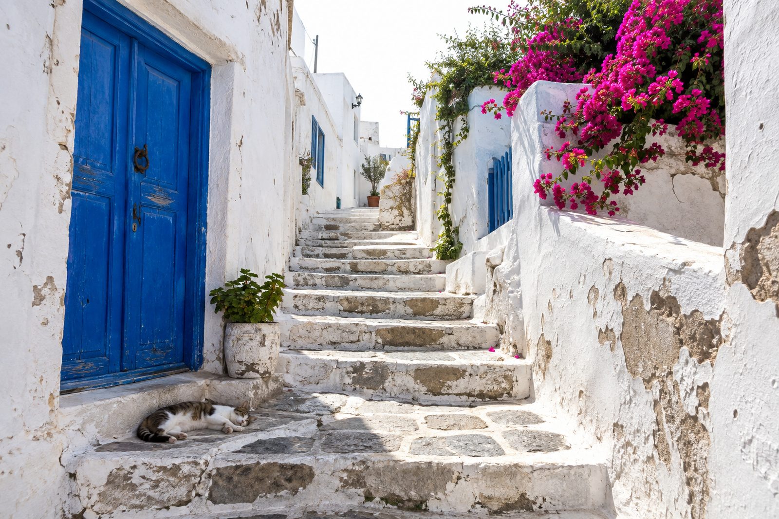 A whitewashed alley with a blue door and bougainvillea
