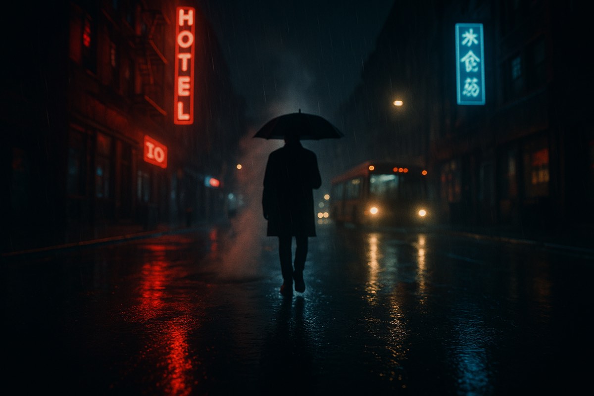 A rain-soaked street at night