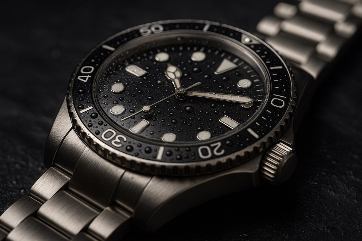 A dive watch on wet slate